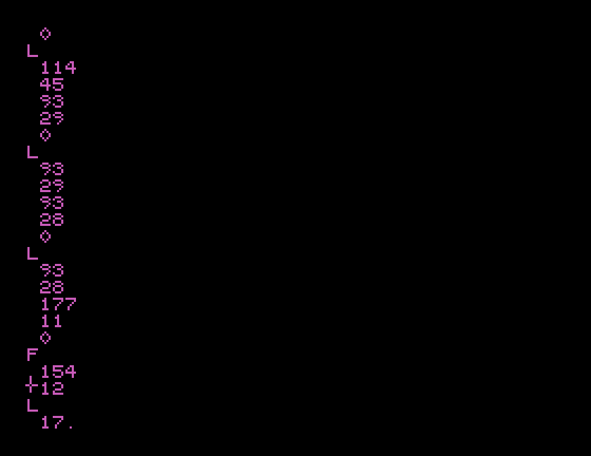A column of commands: L followed by four coordinates and a line type, F with two coordinates, and so on