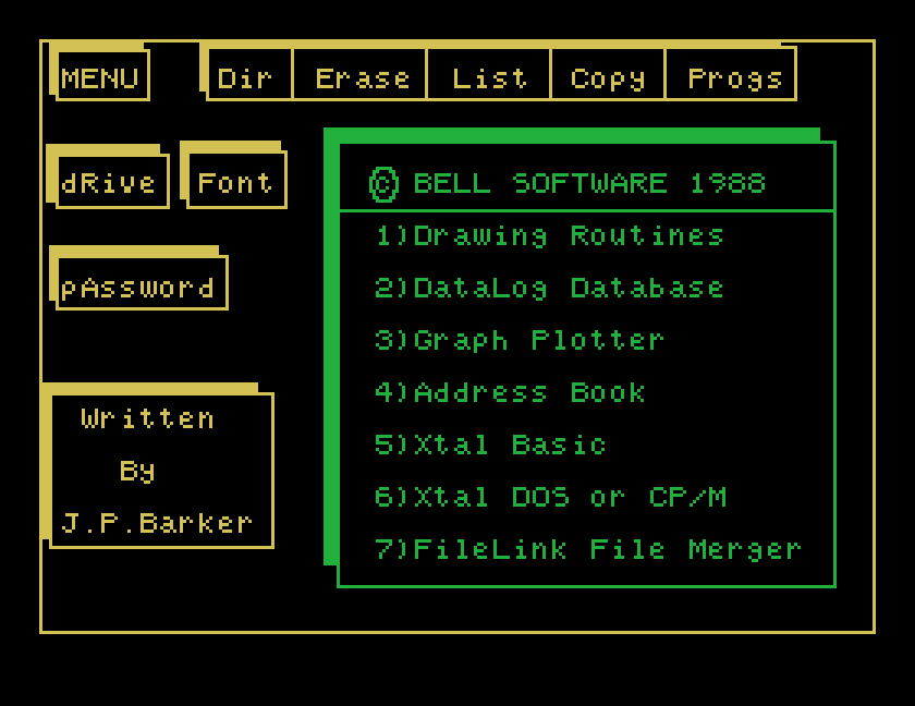The programs menu over the main menu: BELL SOFTWARE 1988, 1 Drawing Routines, 2 DataLog Database, 3 Graph Plotter, 4 Address Book, 5 Xtal Basic, 6 Xtal DOS or CP/M, 7 FileLink File Merger