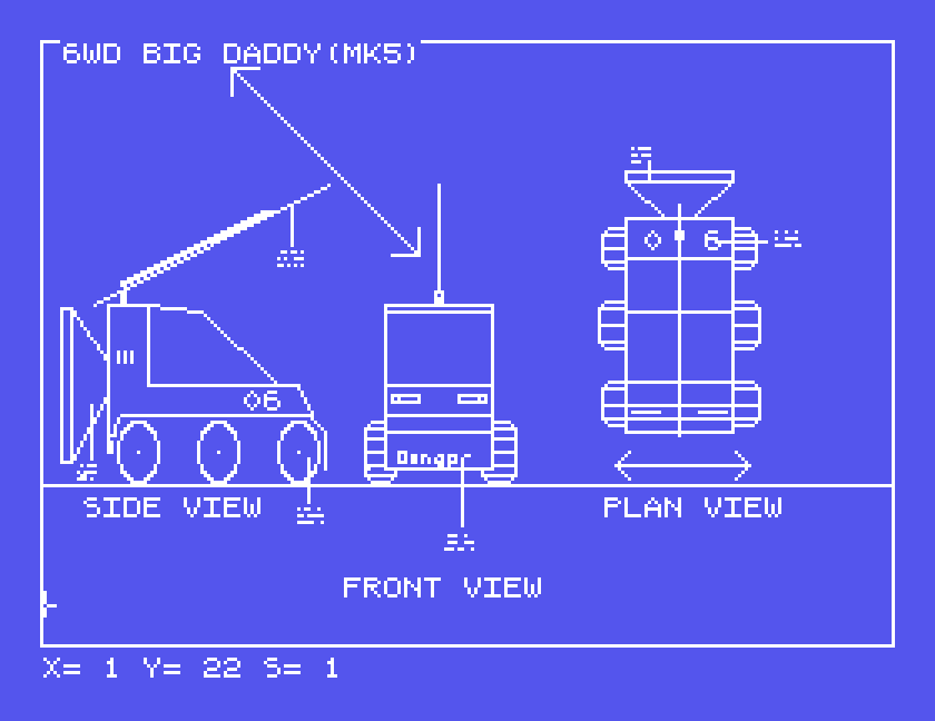 6WD BIG DADDY (MK5): a six-wheeled vehicle in side, front and plan view, with labels, in white on blue