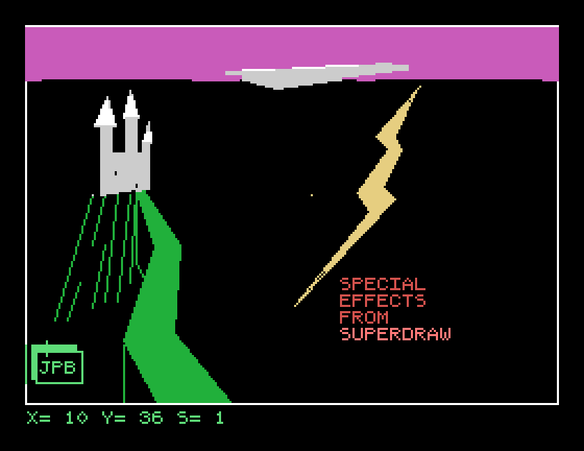 A castle on a hill with a green path, a jagged yellow lightning bolt and the words SPECIAL EFFECTS FROM SUPERDRAW
