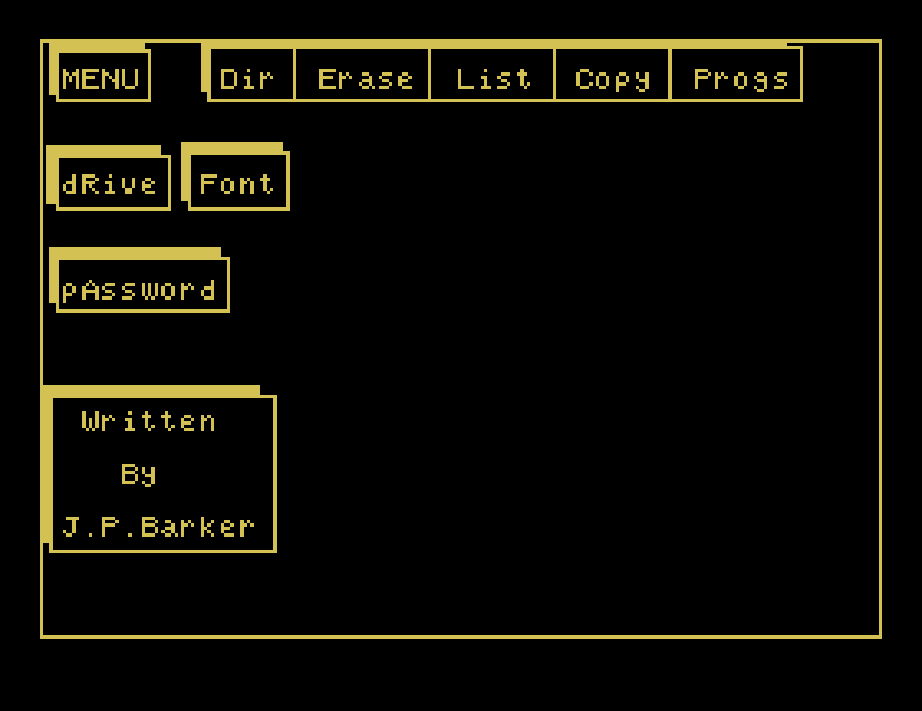 Superdraw's main menu: shadowed boxes for MENU, Dir, Erase, List, Copy, Progs, dRive, Font and pAssword, and Written By J.P.Barker