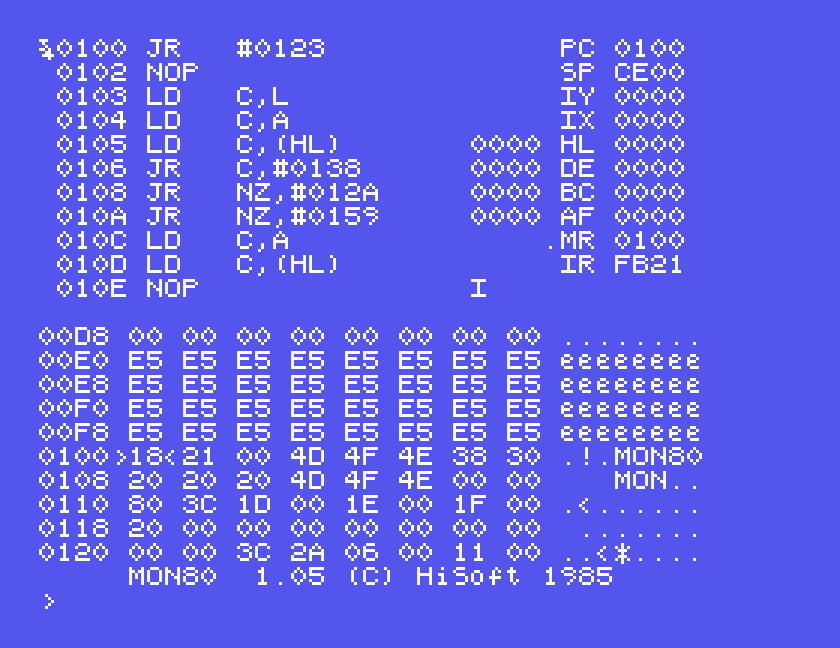 MON80 1.05 (C) HiSoft 1985 running on the Einstein: disassembly, registers and memory dump