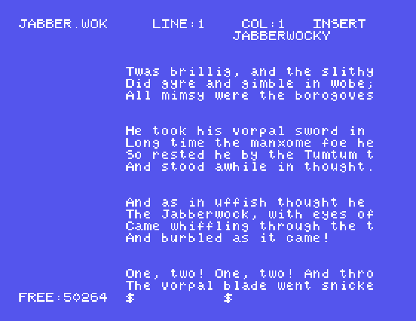 ED80 editing the Jabberwocky sample text