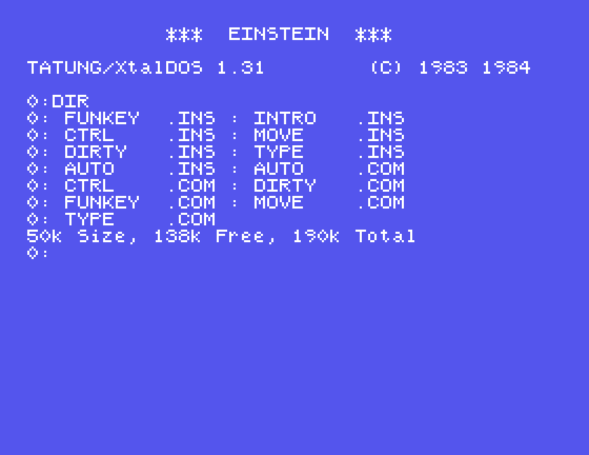 DIR showing FUNKEY, INTRO, CTRL, MOVE, DIRTY, TYPE and AUTO .INS files, and AUTO, CTRL, DIRTY, FUNKEY, MOVE and TYPE .COM files
