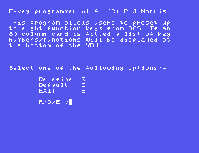 F-key programmer V1.4: Redefine R, Default D, EXIT E