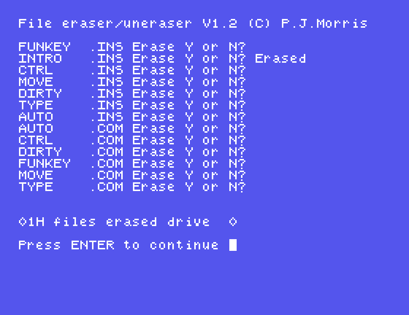 Each file listed with Erase Y or N?, INTRO.INS marked Erased, and 01H files erased drive 0