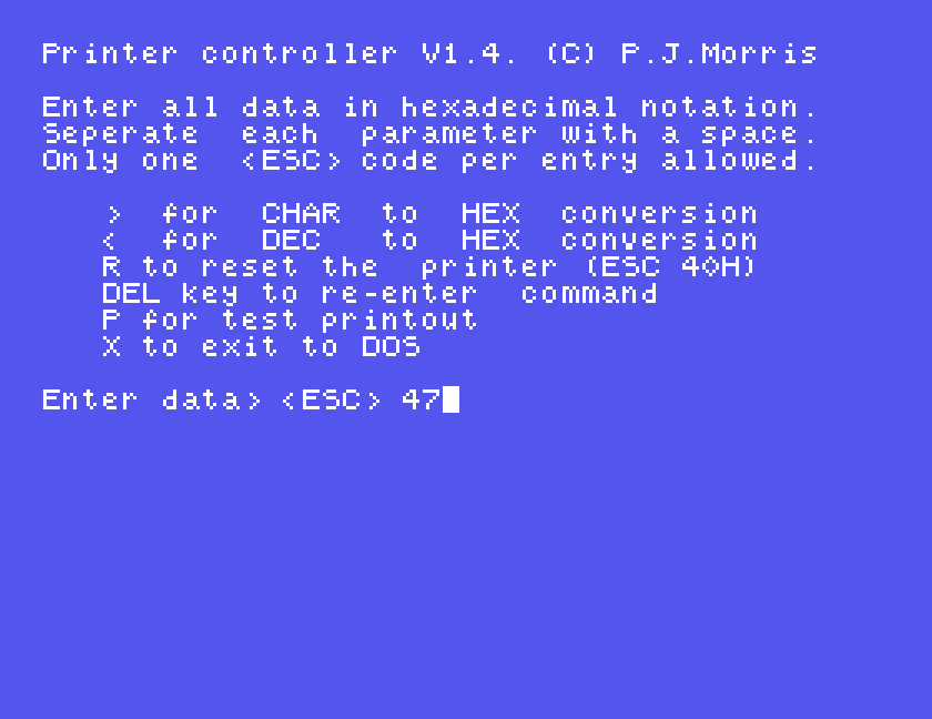 Printer controller V1.4: the list of commands and Enter data, ESC 47