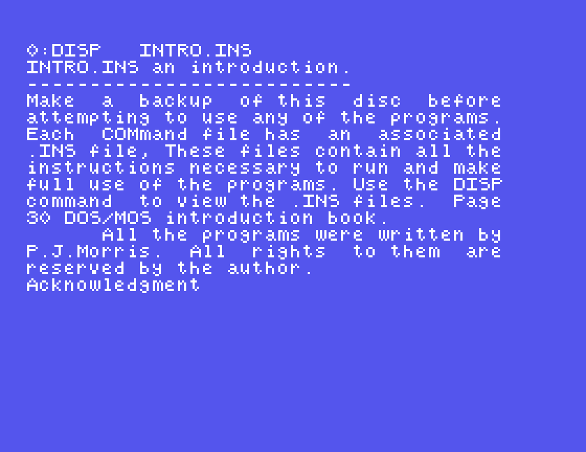 DISP INTRO.INS typed with F1 and a filename, and the file showing