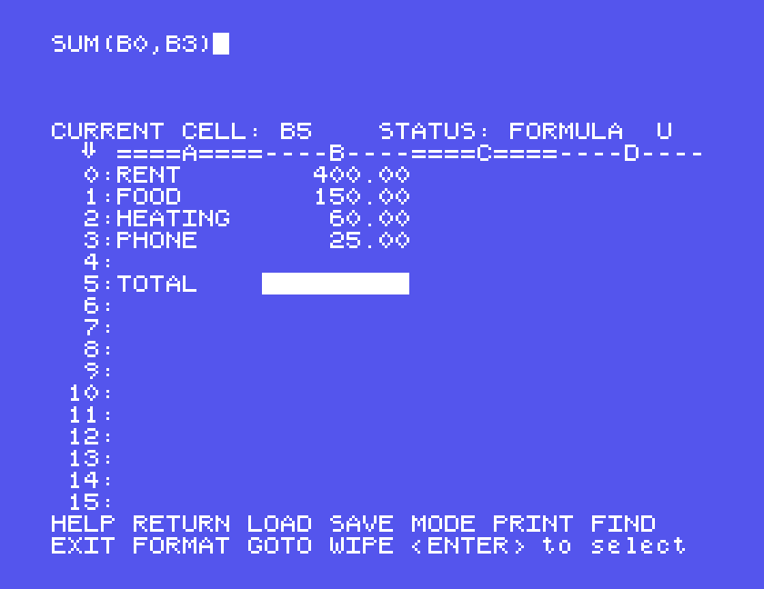 SUM(B0,B3) on the formula line at the top, STATUS: FORMULA, and the cursor on B5