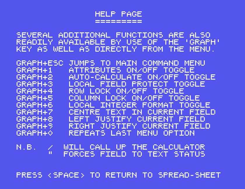 HELP PAGE: GRAPH+ESC main menu, GRAPH+1 attributes, GRAPH+2 auto-calculate, GRAPH+3 local protect, GRAPH+4 row lock, GRAPH+5 column lock, GRAPH+6 local integer format, GRAPH+7 centre, GRAPH+8 left justify, GRAPH+9 right justify, GRAPH+0 repeat last menu option