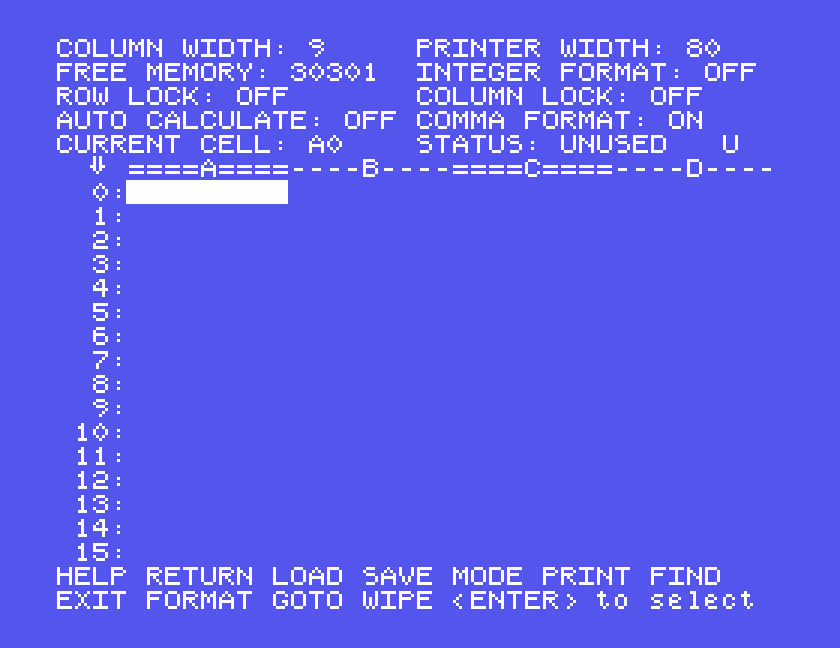 The status panel at the top, the grid with columns A to D and rows 0 to 15, and the menu at the bottom
