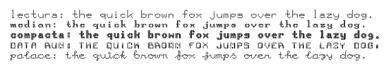 A printout of five lines, each in a different typeface: a light plain face, a serif face, a heavy bold, a face of square capitals, and a flowing script