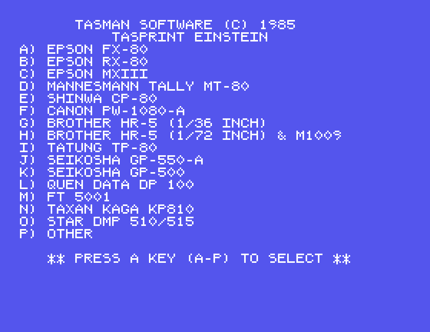 The printer list: A Epson FX-80 to O Star DMP 510/515, and P Other