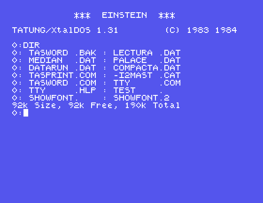 DIR of the Tasprint disc: TASWORD, the five .DAT typeface files, TASPRINT.COM, TTY, TEST and SHOWFONT