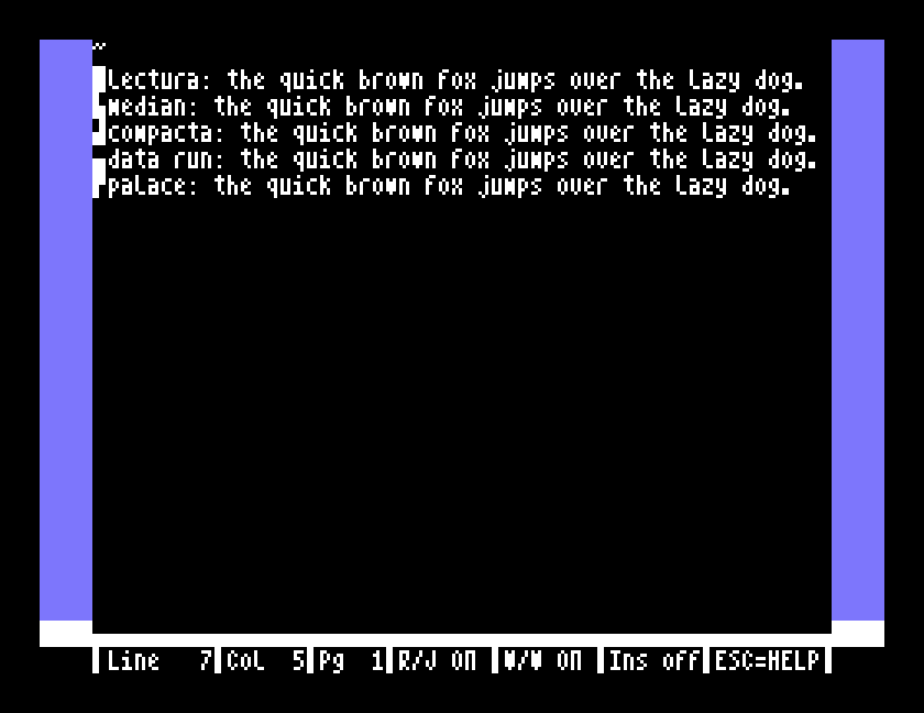 The Tasword screen: a ~ on the first line, then five lines each beginning with a small marker block: lectura, median, compacta, data run and palace, each followed by the quick brown fox