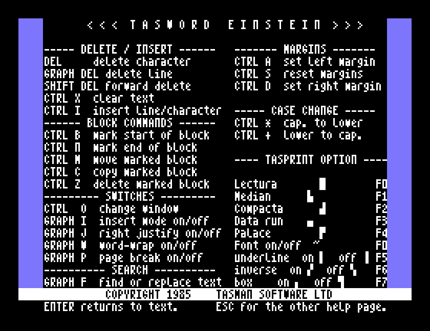 Tasword's second help page with the TASPRINT OPTION list: Lectura, Median, Compacta, Data run, Palace, Font on/off, underline, inverse and box