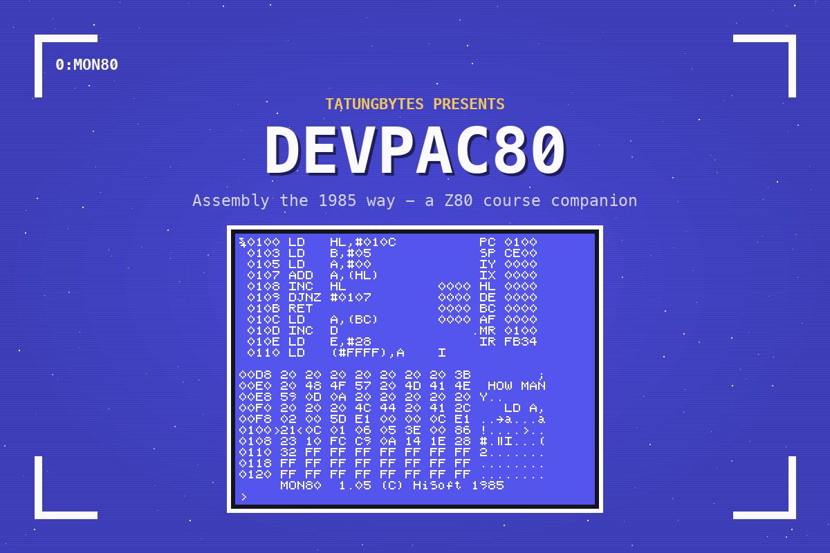 Devpac80 Companion cover: MON80, HiSoft's monitor, showing the companion's SUM program disassembled on the Tatung Einstein
