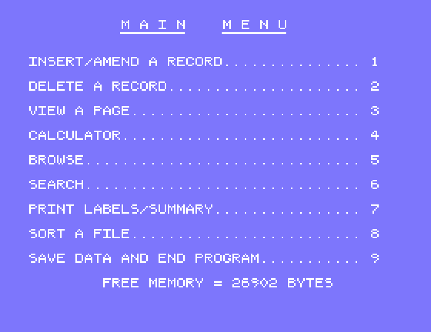 The Dean Database main menu: insert/amend a record, delete a record, view a page, calculator, browse, search, print labels/summary, sort a file, save data and end program, with the free memory below