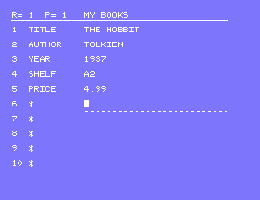 Record 1: TITLE THE HOBBIT, AUTHOR TOLKIEN, YEAR 1937, SHELF A2, PRICE 4.99, with the cursor on field 6