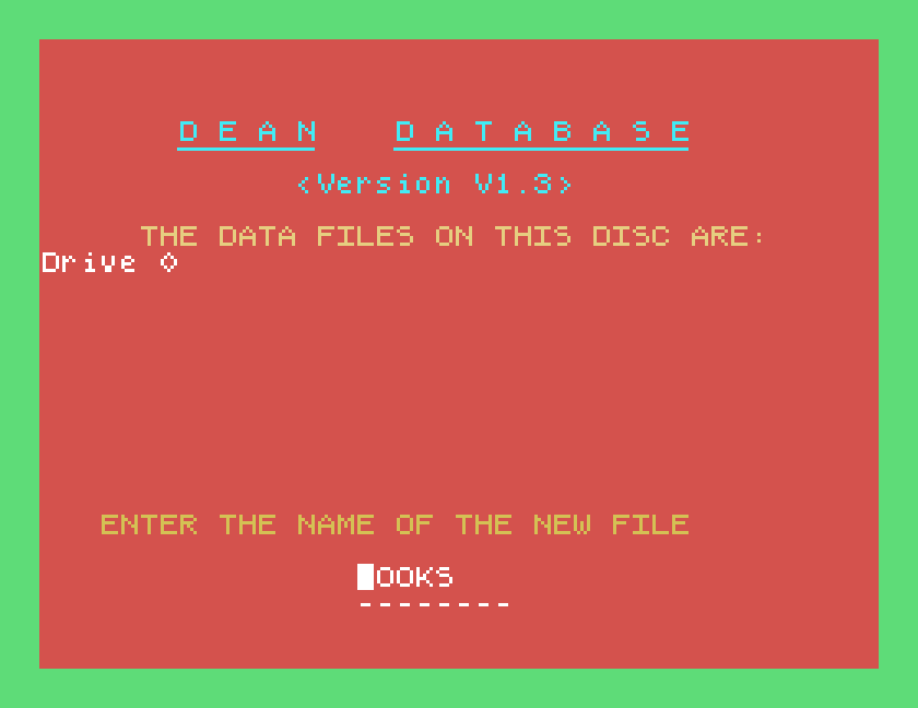 ENTER THE NAME OF THE NEW FILE, with BOOKS already filled in