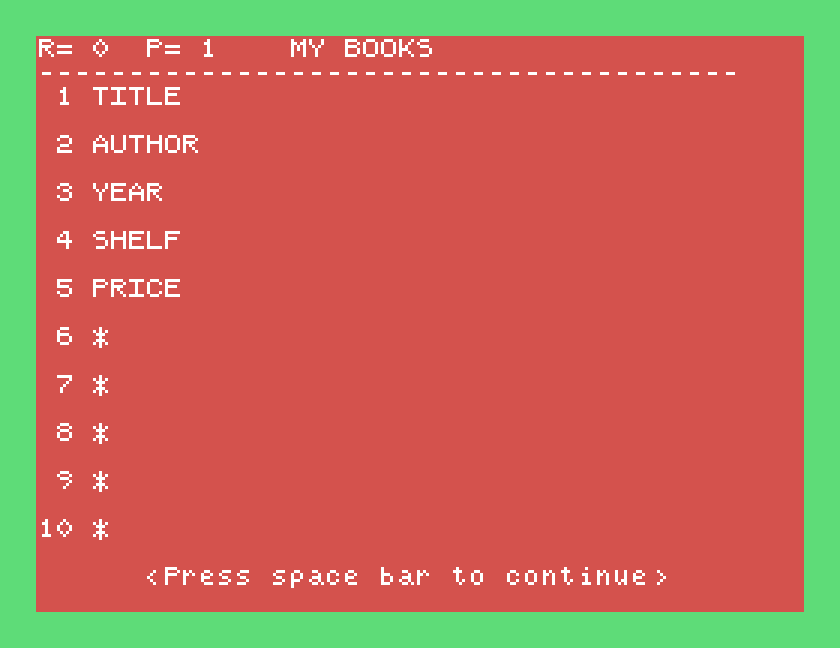 The finished page: MY BOOKS, with fields 1 TITLE, 2 AUTHOR, 3 YEAR, 4 SHELF, 5 PRICE and 6 to 10 unused
