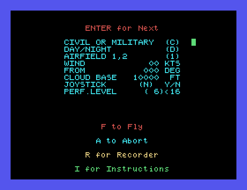 The setup screen: civil or military, day or night, airfield, wind, cloud base, joystick, performance level