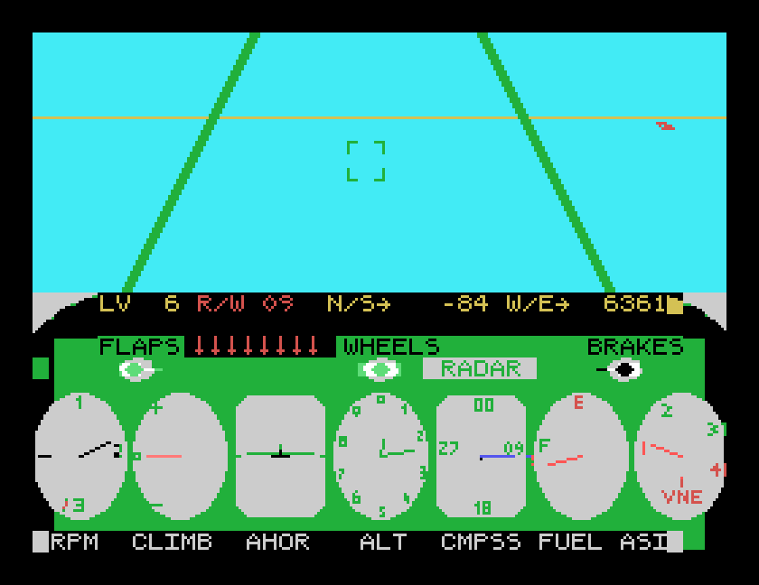 The military cockpit: a green instrument panel, eight missile symbols beside FLAPS, firing brackets in the view and a small red aircraft to the right