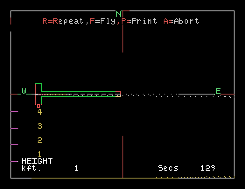 The flight recorder: the airfield outlined in green and red, the runway, and a dotted track running east from it and back, with HEIGHT kft, Secs 129, and R=Repeat, F=Fly, P=Print, A=Abort