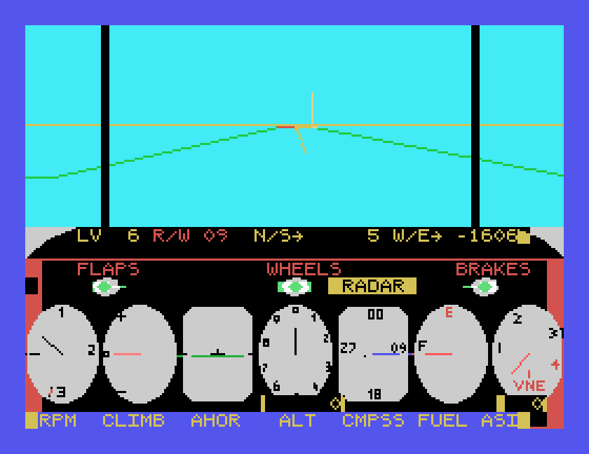 The cockpit on the runway: the view ahead with the runway edges, the status line LV 6 R/W 09 N/S 5 W/E -1606, the flaps, wheels and brakes lights, and the dials RPM, CLIMB, AHOR, ALT, CMPSS, FUEL and ASI