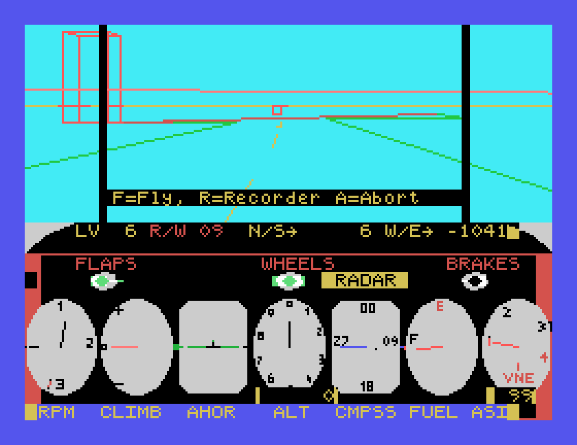 After landing: the runway and hangars ahead, the status line at N/S 6, W/E -1041, and F=Fly, R=Recorder, A=Abort