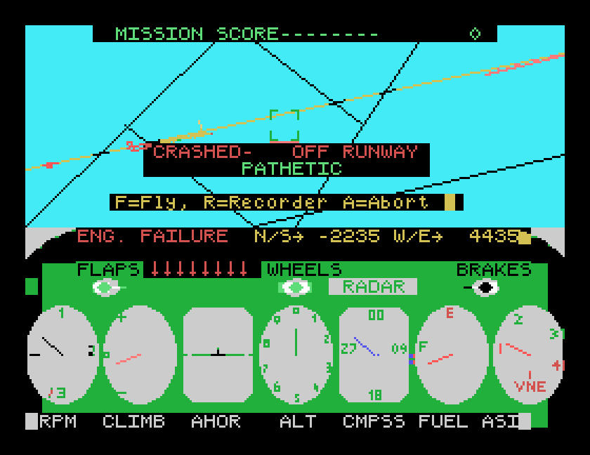 ENG. FAILURE in the status line, CRASHED - OFF RUNWAY, PATHETIC, and MISSION SCORE 0