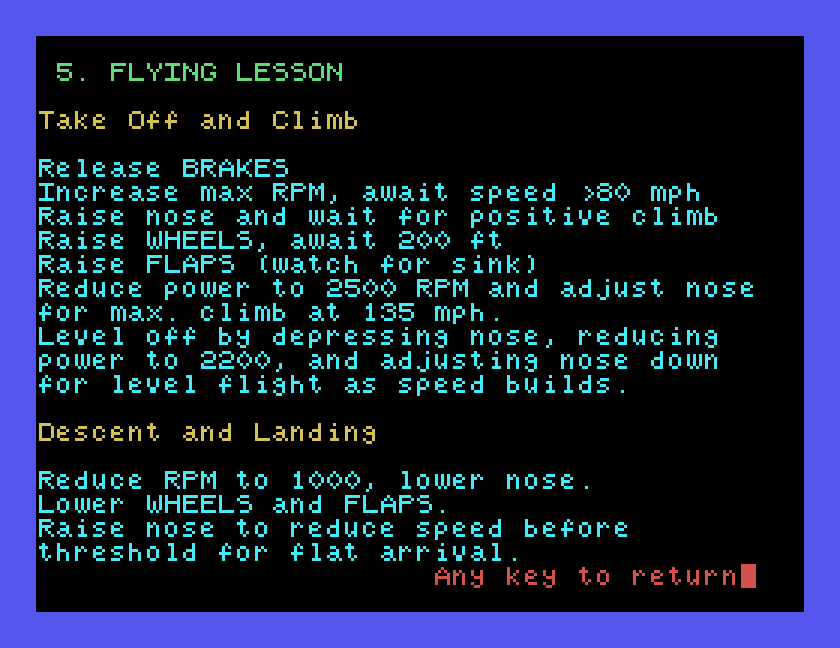 Page 5, FLYING LESSON: the steps for take-off and climb, and for descent and landing