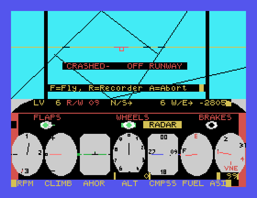 CRASHED - OFF RUNWAY over a tilted view, with F=Fly, R=Recorder, A=Abort