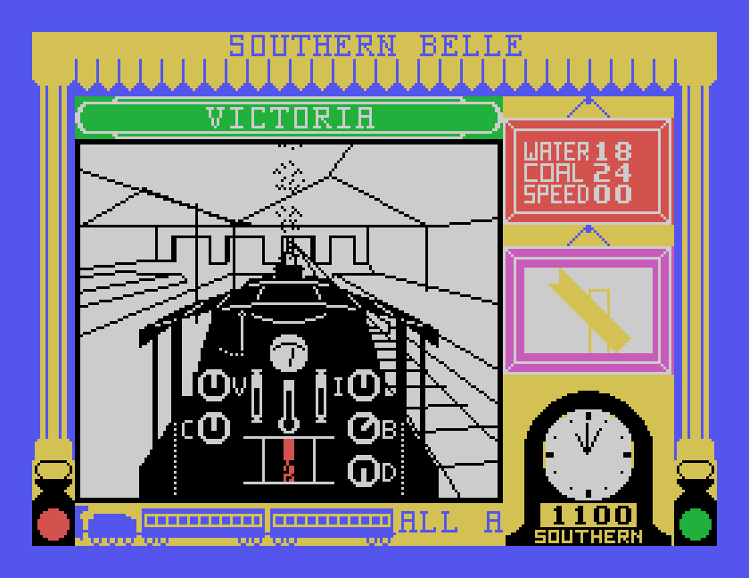 The cab at Victoria: the view along the platform, the regulator and dials on the backhead, WATER 18, COAL 24, SPEED 00, the signal panel and the clock at 11:00