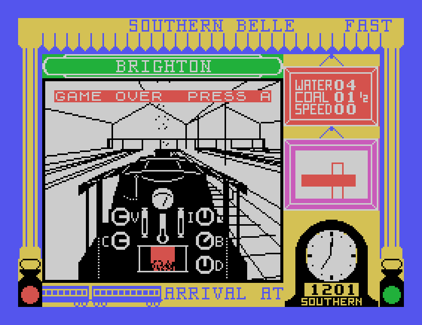 In Brighton's train shed: ARRIVAL AT BRIGHTON scrolling at the bottom and GAME OVER PRESS A