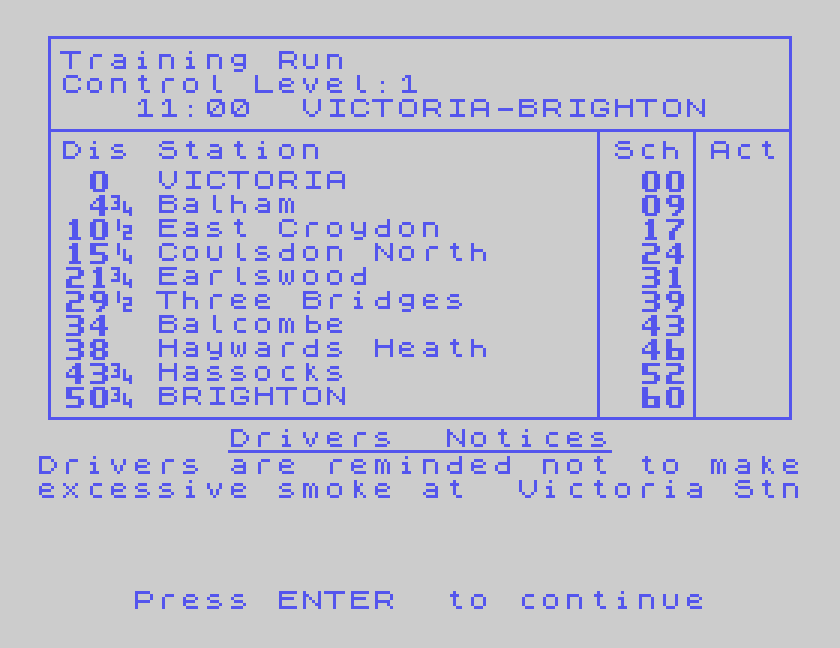 The Training Run timetable: 11:00 Victoria to Brighton, with the distance and scheduled minute for Victoria, Balham, East Croydon, Coulsdon North, Earlswood, Three Bridges, Balcombe, Haywards Heath, Hassocks and Brighton, and a drivers' notice about smoke at Victoria