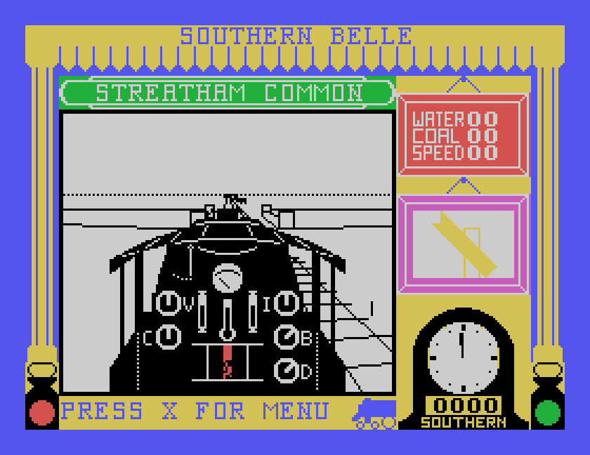 The cab view at Streatham Common during the demonstration run: the station name board, water, coal and speed, the signal panel and the clock