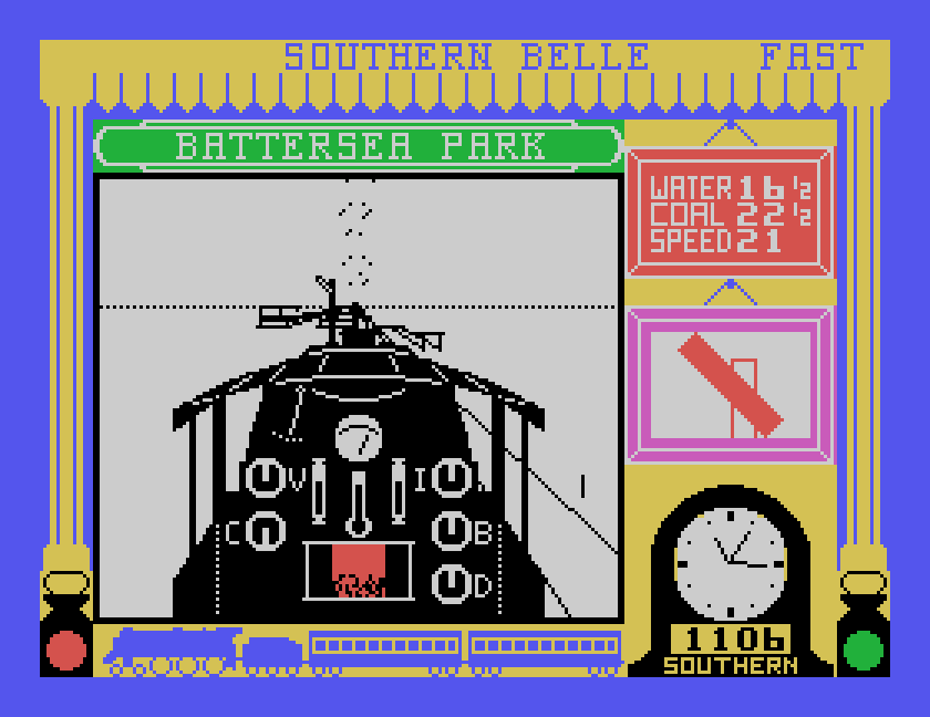 Passing Battersea Park at 21 mph, with FAST at the top, a signal in the panel and the fire glowing in the cab
