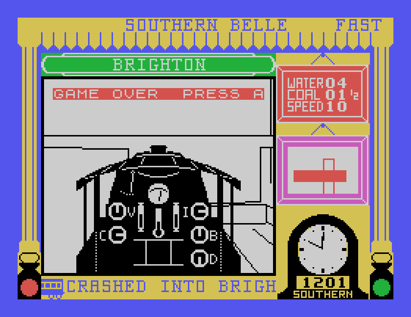 CRASHED INTO BRIGHTON STATION scrolling along the bottom, and GAME OVER PRESS A, at 10 mph