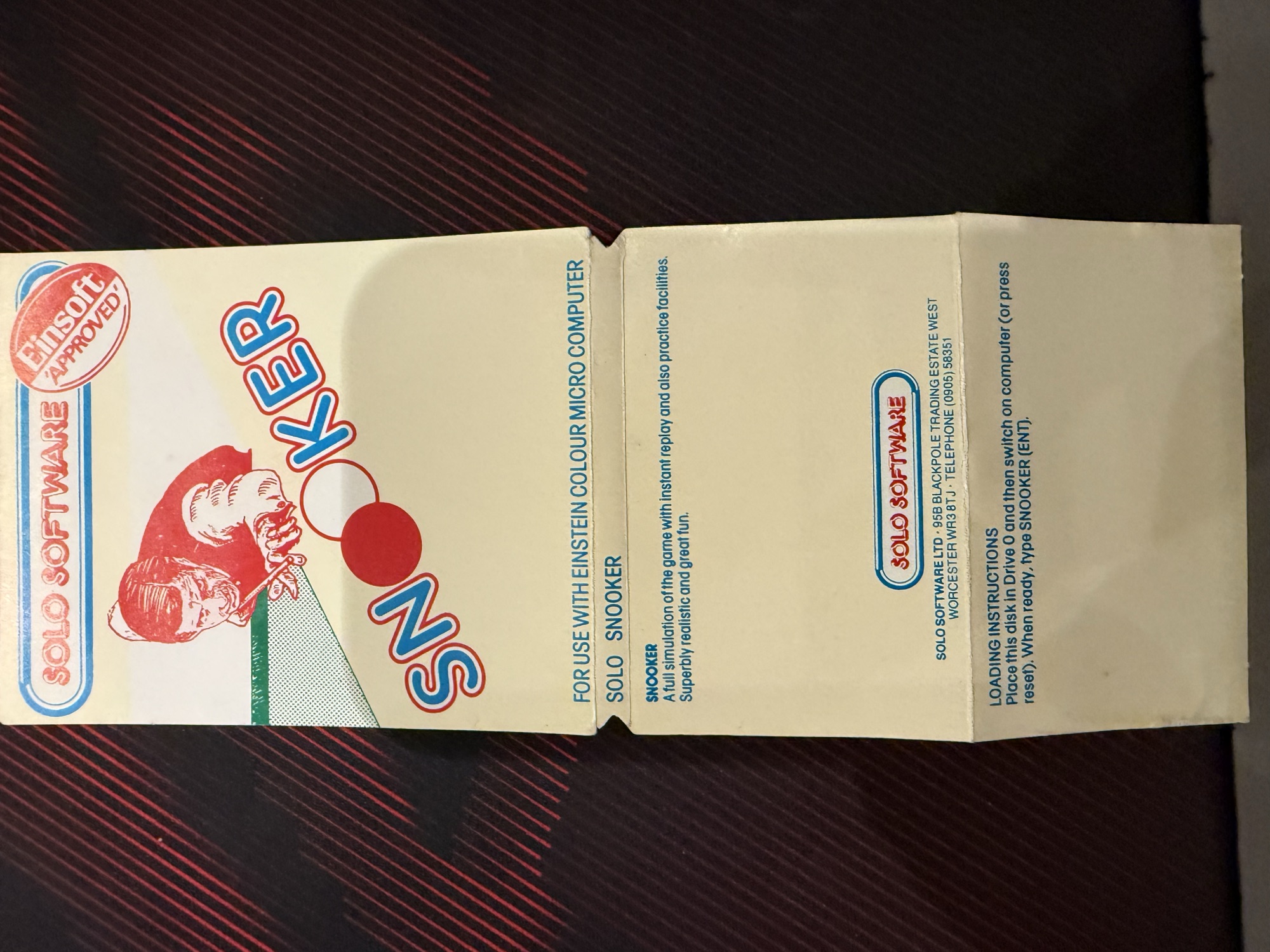 The inlay opened out: description, Solo Software's address and the loading instructions