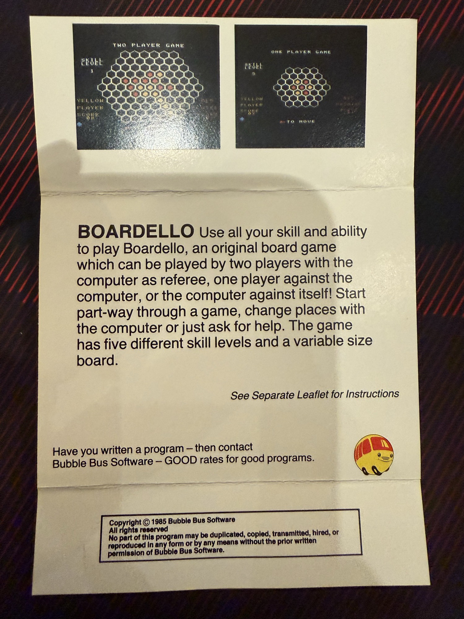 Inlay inside: description, screenshots and the 1985 copyright notice