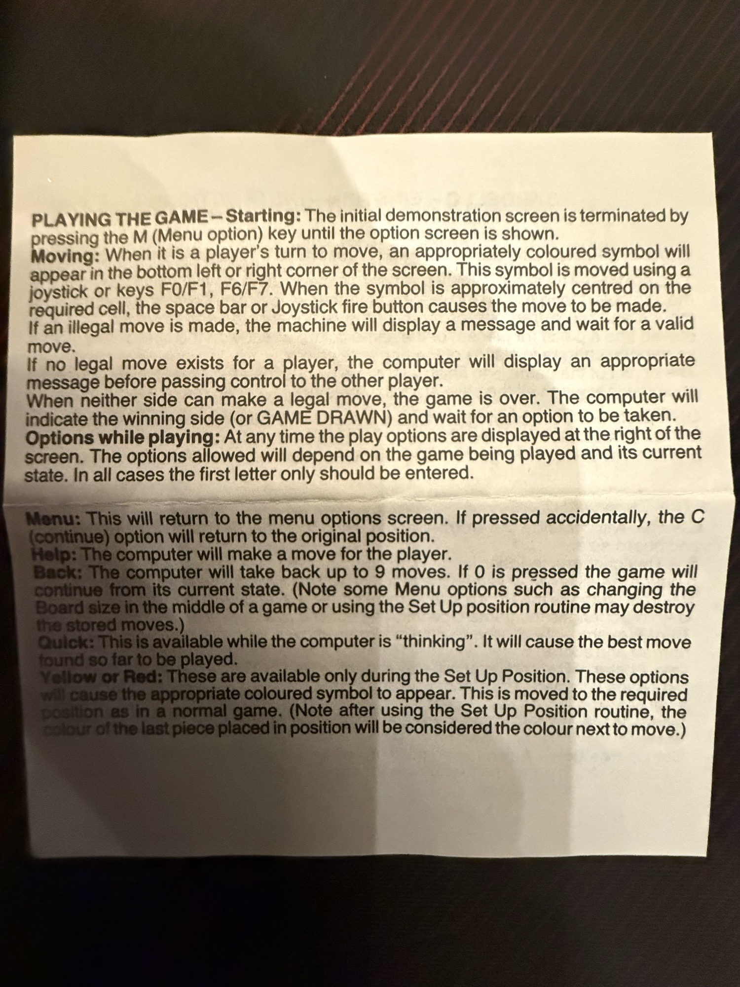 Instruction leaflet: playing the game and the options while playing