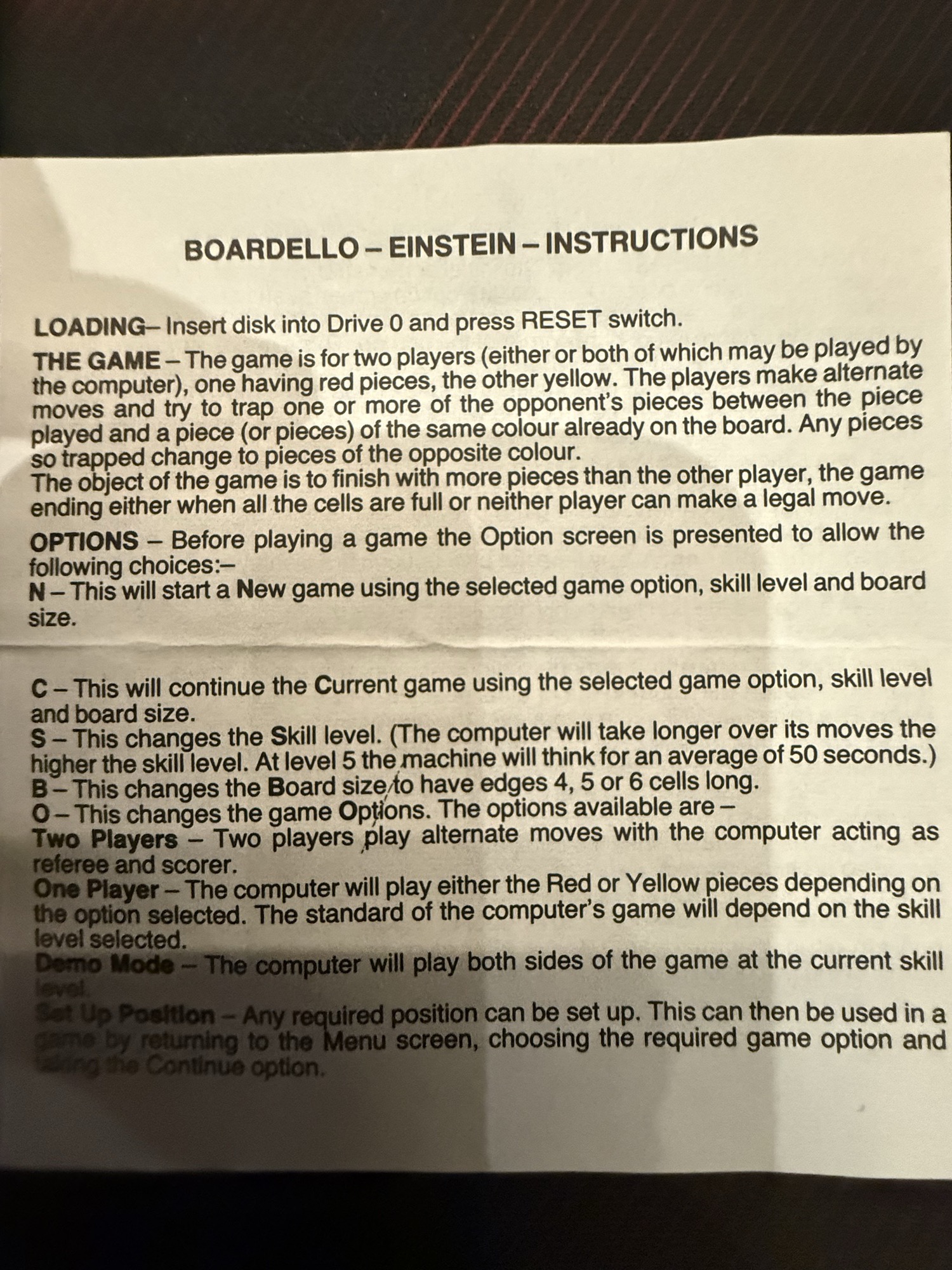 Instruction leaflet: loading, the game and the options