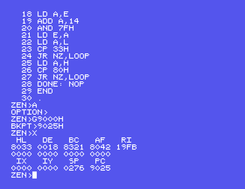 ZEN's register display: BC 8321, DE 0018