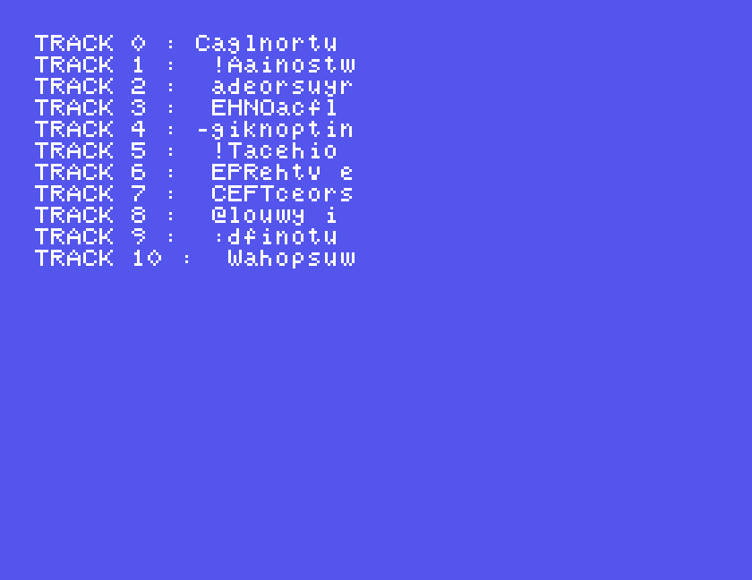 The BASIC program's output for tracks 0 to 10: a row of letters for each track