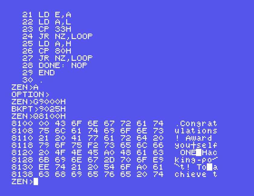 ZEN showing the decrypted boot sector at 8100: Congratulations! Award yourself ONE Hacking-point!