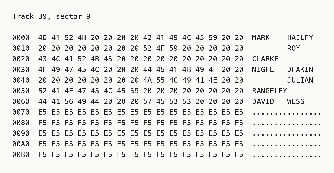 A hex dump of track 39, sector 9, with the five engineers' names readable in the ASCII column and E5 filler running on below them