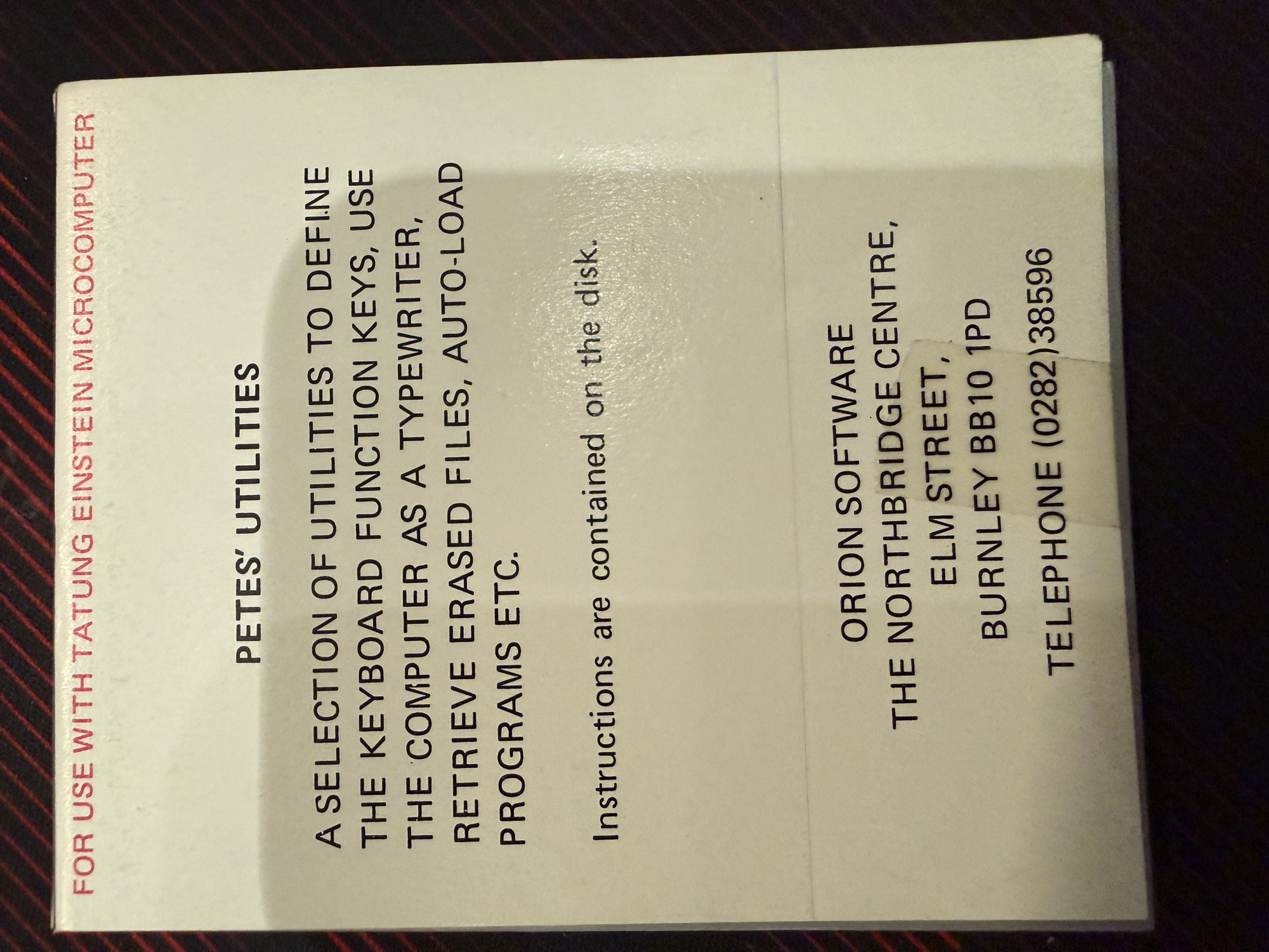 Case back: Petes' Utilities, Orion Software, Burnley