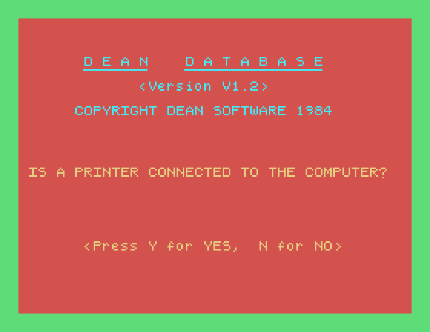 Database title screen: Dean Database, Version V1.2, Copyright Dean Software 1984