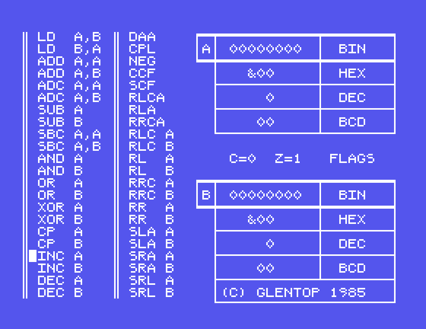 TUTOR: binary, hex, decimal and BCD views of registers A and B, (C) Glentop 1985
